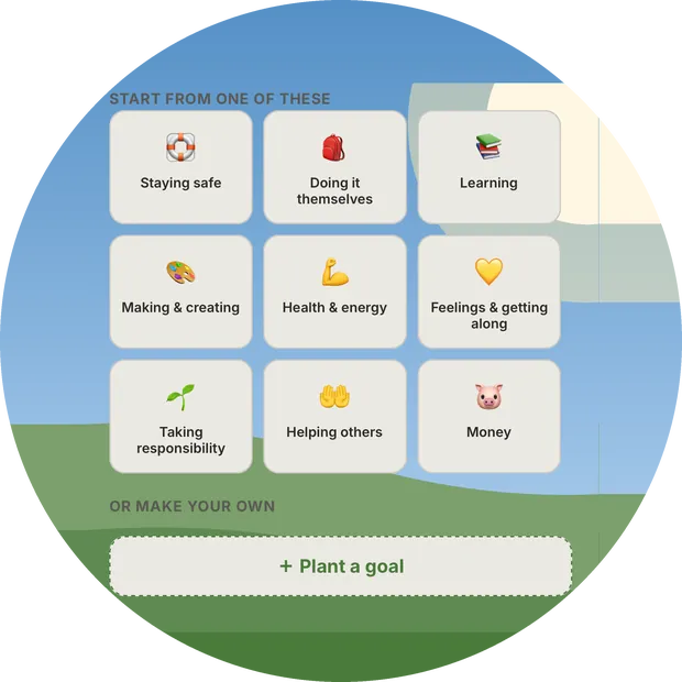 Setting up a first goal in ChildStep: nine things families work on — staying safe, doing it themselves, learning, making and creating, health and energy, feelings and getting along, taking responsibility, helping others, money — and a button to plant a goal of your own.